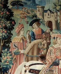 Středověk: odjezd na lov se sokolem na koni. Detail hedvábné a vlněné tapiserie z počátku 16. století. Z Henegavska. Paříž, Národní muzeum středověku, Thermes de Cluny