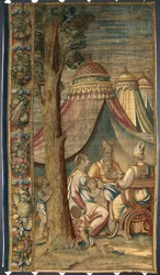 Moise s Jetrem a Seforou Tapiserie od Dionýsa Martenze podle kartonů Luky Cambiasa (1527-1584) vyrobených v bruselských manufakturách 1561-1564 Dim. 391x141,2 cm Ženy, Musei di Strada Nuova