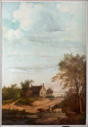 Druhá zadní místnost vzadu, zasedací místnost, nástěnné malby s venkovskými scénami v klasickém stylu, pravděpodobně z roku 1810, scéna 7