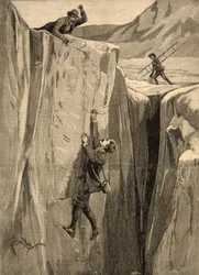 Turista visící v trhlině v Alpách, z „Le Petit Parisien“, 23. srpna 1891
