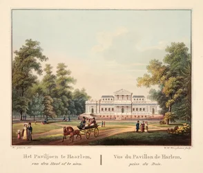Pavilon v Jaarlemu, při pohledu z van den Hout. Vue du Pavillon de Harlem, prize du Bois, 1825 (ručně kolorovaná rytina)