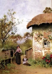 Krmení králíků (akvarel)