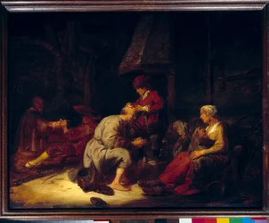 Operace má chirurg s lupou operuje jednoho z jeho pacientů do hlavy. Obraz Benjamin Gerritsz Cuyp