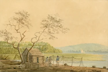 Pohled z Packet Wharf ve Frenchtown Při pohledu dolů Elk Creek, 1806.