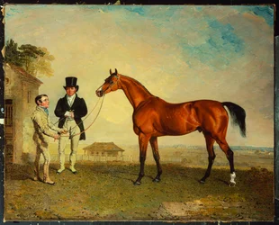 „Skiff“, hnědák, dostihový kůň držený ženichem na Newmarket Heath, s Johnem Howem, majitelem stájí, po jeho boku, 1829