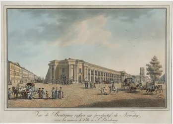 Něvský prospekt (perspektiva Něvského) poblíž Velkého Gostinyho dvora a Městské dumy v Petrohradě - Benjamin Paterssen (1748-1815). Lept, akvarel, po 1802. Státní muzeum historie Petrohradu