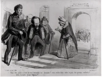 Dumas, Hugo et Balzac usilující o přijetí na Francouzskou akademii, ilustrace z 