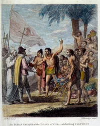 Indián Cacique z ostrova Kuba vítá Kryštofa Kolumba (1451-1506) a evropské vojenské a církevní představitele, aby diskutovali o vytvoření nového státu. Frontispice „Občanské a obchodní historie britských kolonií W