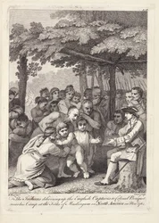 Indiáni předávají anglické zajatce plukovníku Bouquetovi poblíž jeho tábora ve Forks of Muskingham v Severní Americe v listopadu 1764