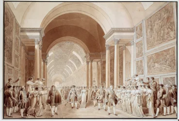 Pohled na svatební průvod Napoleona I. (1769-1821) s arcivévodkyní Marií Louise Habsbursko-Lotrinskou (1791-1847), 2. 4. 1810 v Grande Galerie du Louvre Prints by Benjamin Zix (1772-1811) 1810 Dim. 0,4x0,6 m Paříž, musee du Louvre