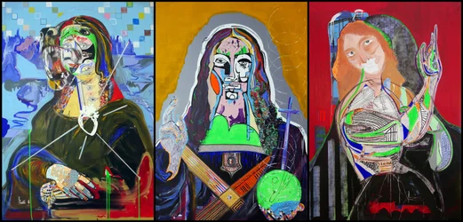 Triptych podle Leonarda da Vinciho, 2019 (olej, papír a akryl na 3 vedle sebe umístěných plátnech)