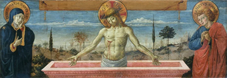 Muž bolesti mezi Pannou a svatým Janem Evangelistou, 1469-1474.