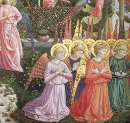 Andělé v nebeské krajině, levá stěna apsidy, z cyklu Cesta mudrců v kapli, kolem 1460 (detail z 70610)