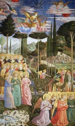 Andělé v nebeské krajině, levá stěna apsidy, z cyklu Cesta mudrců v kapli, kolem roku 1460