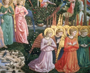 Andělé v nebeské krajině, levá stěna apsidy, z cyklu Cesta tří králů v kapli, detail fresky kolem roku 1460 z roku 70610