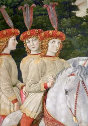 Marie (nar. 1460), Bianca (1461-88) a Nannina (1463-93) Medicejské, mladší sestry Lorenza (1449-92) a Giuliana (1453-78), detail z cyklu Cesta mudrců v kapli, kolem 1460 (detail)