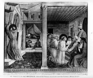 Papež Innocent III. Schvalující řeholi (freska) (černobílá fotografie)