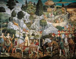 Průvod Tří králů do Betléma, Benozzo Gozzoli (1420-1497), freska, tempera a olej na zdi, kaple Palazzo Medici Riccardi, Florencie