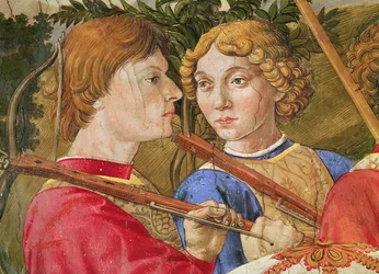 Průvod mudrců, průvod vedený Lorenzem Nádherným v podobě mága Kašpara, detail hlav dvou kušiníků, 1459-1462