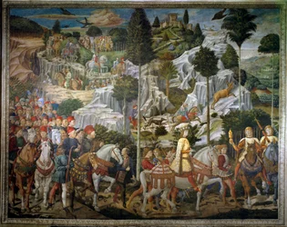Cesta mudrců. Průvod mudrců z Jeruzaléma do Betléma, italsky nazývaný „Viaggio dei Magi“ neboli „Cavalcata dei Magi“. Detail krajiny. Freska na východní stěně Kaple mudrců od Benozza di Lese di Sandro, zvaného Benozzo Gozzoli (1421-1497)