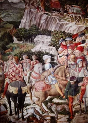 Průvod mágů, detail rytíře s leopardem v Melchiorově průvodu, kolem roku 1460 (detail 70601)