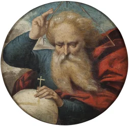 Dieu benit la terre - Bůh žehná Zemi, Garofalo, Benvenuto Tisi da (1481-1559). Olej na dřevě. Rozměr: D 34 cm. Národní muzeum Stockholm