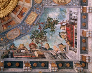 Dámy, hudebníci a cupids na balkóně, detail stropní fresky, od Garofala (1481-1559), pokladnice, palác Ludovico il Moro nebo palác Costabili, Ferrara, Itálie