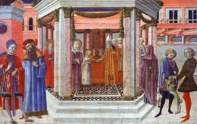 Prezentace Marie v chrámu, detail predella od Benvenuto di Giovanni (1436-1518)