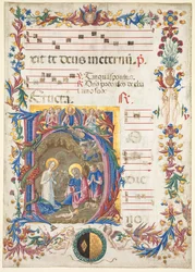 Single Leaf from an Antiphonary: Initial H[odie nobis] with The Nativity, 1471.