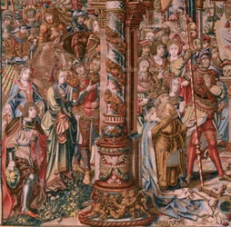 Vlámský gobelín. Seriál Vyznamenání. Víra (La Fe). První tapisérie v sérii. Modelové karikaturisty z okruhu Bernarda van Orleyho a Jana Gossaerta (Mabuse). Výroba Pieter van Aelst, Brusel. Cca 1550. Látka Zlato, stříbro, hedvábí a vlna.