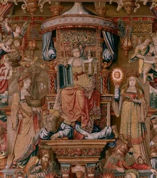 Vlámský gobelín. Seriál Vyznamenání. Víra (La Fe). První tapisérie v sérii. Modelové karikaturisty z okruhu Bernarda van Orleyho a Jana Gossaerta (Mabuse). Výroba Pieter van Aelst, Brusel. Cca 1550. Látka Zlato, stříbro, hedvábí a vlna.