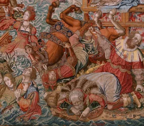 Vlámský gobelín. Seriál Vyznamenání. Fortune, cesta k vyznamenáním (La Fortuna, Camino de los Honores). Pátá tapisérie v sérii. Modelové karikaturisty z okruhu Bernarda van Orleyho a Jana Gossaerta de Mabuse. Výroba Pieter van Aelst, Brusse