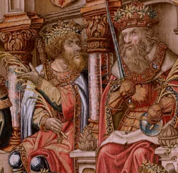 Vlámský gobelín. Seriál Vyznamenání. Honor (El Honor). Druhá tapisérie v sérii. Modelové karikaturisty z okruhu Bernarda van Orleyho a Jana Gossaerta (Mabuse). Výroba Pieter van Aelst, Brusel. Cca 1550. Látka Zlato, stříbro, hedvábí a vlna.
