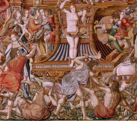Vlámský gobelín. Seriál Vyznamenání. Hanba (La Infamia). Šestá tapisérie v sérii. Modelové karikaturisty z okruhu Bernarda van Orleyho a Jana Gossaerta (Mabuse). Výroba Pieter van Aelst, Brusel. Cca 1550. Látka Zlato, stříbro, hedvábí a vlna.
