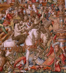 Vlámský gobelín. Seriál Vyznamenání. Hanba (La Infamia). Šestá tapisérie v sérii. Modelové karikaturisty z okruhu Bernarda van Orleyho a Jana Gossaerta (Mabuse). Výroba Pieter van Aelst, Brusel. Cca 1550. Látka Zlato, stříbro, hedvábí a vlna.