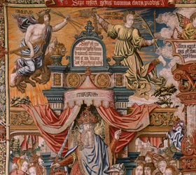 Vlámský gobelín. série The Honors; Šlechta (La Nobleza). Čtvrtá tapisérie v sérii. Modelové karikaturisty z okruhu Bernarda van Orleyho a Jana Gossaerta (Mabuse). Výroba Pieter van Aelst, Brusel. Ca 1550. Tkanina Zlato, stříbro, hedvábí a vlna