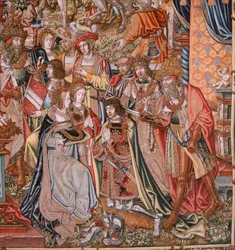 Vlámský gobelín. série The Honors; Šlechta (La Nobleza). Čtvrtá tapisérie v sérii. Modelové karikaturisty z okruhu Bernarda van Orleyho a Jana Gossaerta (Mabuse). Výroba Pieter van Aelst, Brusel. Cca 1550. Látka Zlato, stříbro, hedvábí a woo