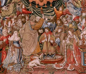Vlámský gobelín. série The Honors; Šlechta (La Nobleza). Čtvrtá tapisérie v sérii. Modelové karikaturisty z okruhu Bernarda van Orleyho a Jana Gossaerta (Mabuse). Výroba Pieter van Aelst, Brusel. Ca 1550. Tkanina Zlato, stříbro, hedvábí a vlna