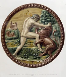 Samsonův bojovník le lev – basreliéf en céramique, v „Dílo Bernarda Palissyho“ od C. Delange a C. Bornemana, Paříž