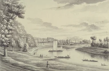 Západní pohled na Hampton Court Ferry a Hampton Church na dálku, 1731-33 (pero a černý inkoust a mytí na položený papír)