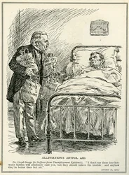 Dr Lloyd George navrhuje vyléčit postiženého z epidemie nezaměstnanosti pomocí čtyř lahví s horkou vodou, ‚Insurance Levy‘, ‚Relief Works‘, ‚Loans‘ a ‚Export Credits‘