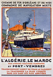 Reklamní plakát na francouzskou železnici do Alžírska a Maroka z Francie přes Limoges Toulouse Narbonne a Port Vendres, cca 1900.