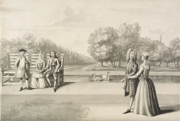 Postavy na břehu Long Water, palác Hampton Court (šedé omytí perem a inkoustem přes tužku na papíře)