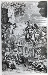 Archanděl Uriel informuje Gabriela, že Satan je v zahradě Eden, ilustrace z Miltonova „Ztraceného ráje“, rytina P. P. Bouche, šesté vydání, 1695