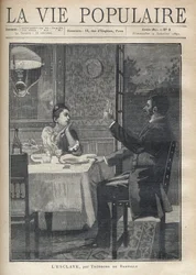 Žena láskyplně a s obdivem naslouchá řeči muže sedícího před ní při večeři v páru. Ilustrace B. Borioneho „Otroka“ od Theodora de Banville (1823-1891). Rytina z roku 1891 v „La vie populaire““. vojín plk