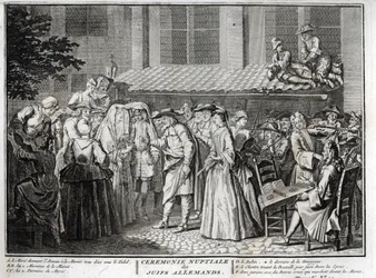 Židovská svatba v židovské německé komunitě Rytina z „“ Illustration de ceremonies et zvyk religieuses de les peuples du monde“ od Bernarda Picarta (1723-1743) 1819 Soukromá sbírka