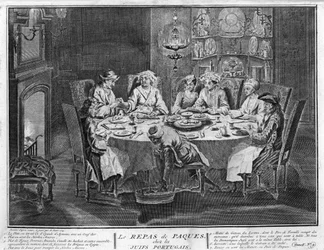 Judaismus: Svátek Pesach (neboli Pesach) v židovské portugalské komunitě Rytina z „“ Illustration de ceremonies et zvyk religieuses de tous les peuples du monde““ od Bernarda Picarta (1723-1743) 1819 Soukromá sbírka