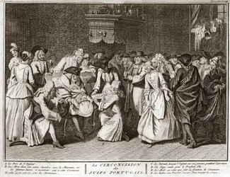 Judaismus: obřízka v židovské portugalské komunitě Rytina z „“ Ilustrace obřadů a náboženských zvyků všech národů světa““ od Bernarda Picarta (1723-1743) 1819 Soukromá sbírka