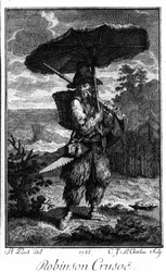 Zastoupení Robinsona Crusoe na jeho ostrovní poušti. Rytina Bernarda Picarta (1673-1733) ilustrující román Daniela Defoe nebo De Foe (1660-1731)