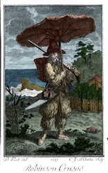 Zastoupení Robinsona Crusoe na jeho ostrovní poušti. Rytina Bernarda Picarta (1673-1733) ilustrující román Daniela Defoe nebo De Foe (1660-1731)